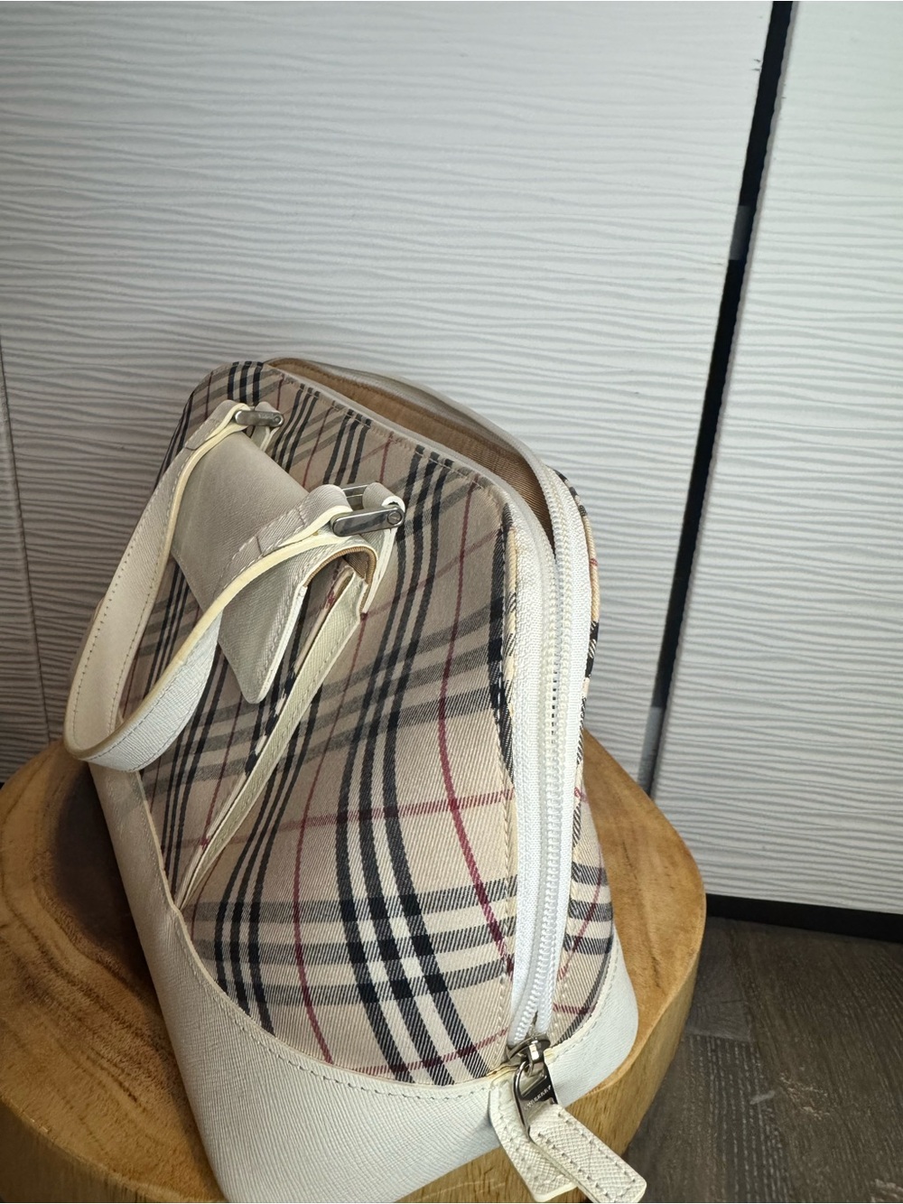 Beige Check Satchel with Cream Leather Trim - Picture 11 of 16